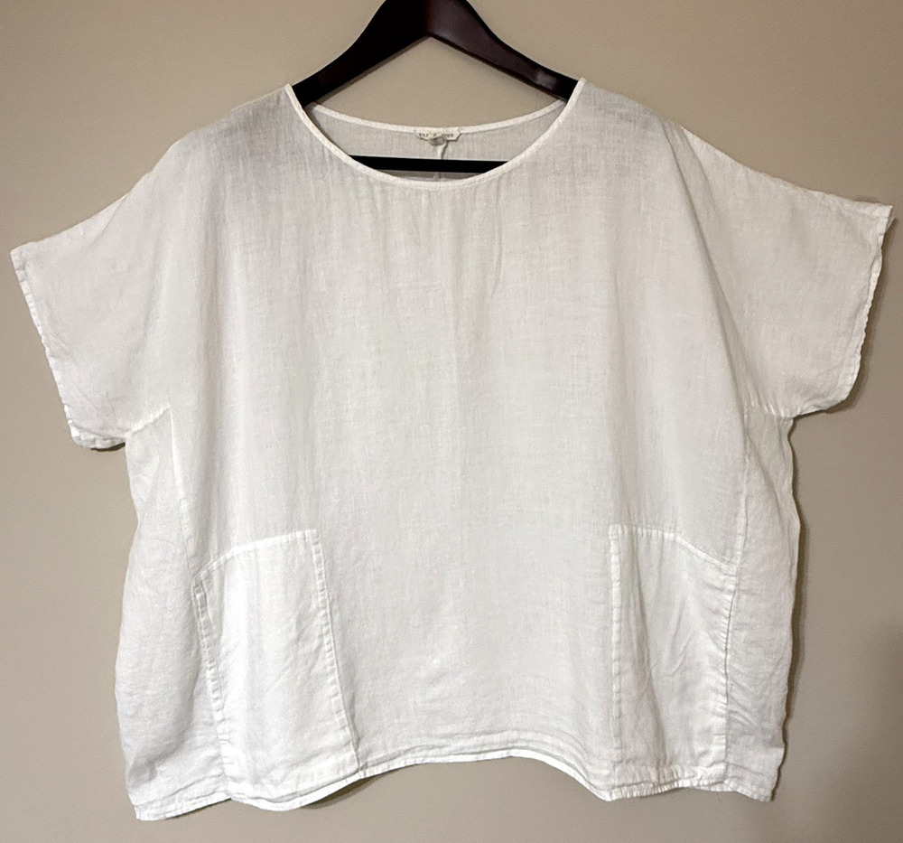 Eileen Fisher 100% Organic Linen Knit Top SIZE 3X Womens Plus Boxy Shirt Pockets